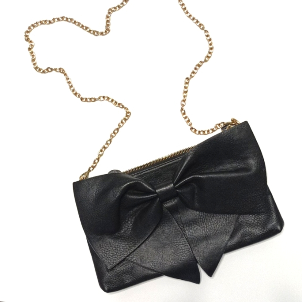Large Bow Black Faux Leather Gold Chain Shoulder Bag Handbag Clutch - Picture 8 of 8